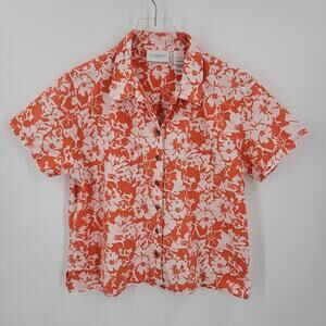 Liz Claiborne Lizwear Shirt Womens Large Cotton Floral Orange White Vintage